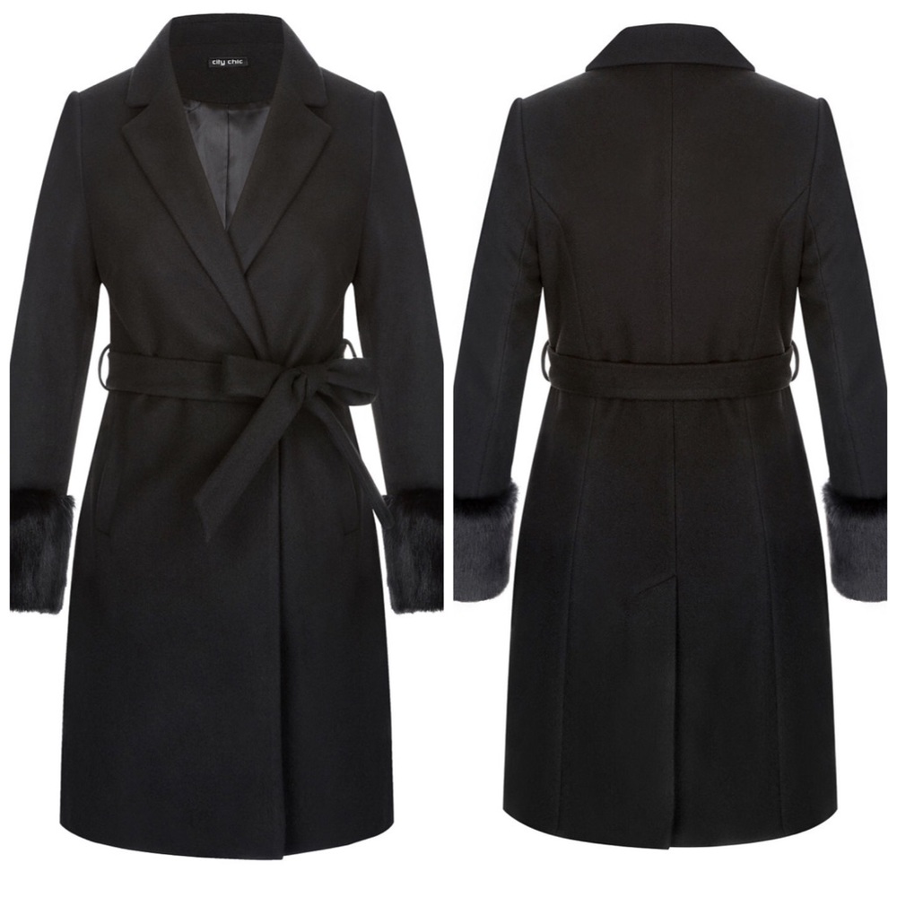 City Chic Black Faux Fur Fluffe Coat Plus Size 14 - Picture 2 of 9